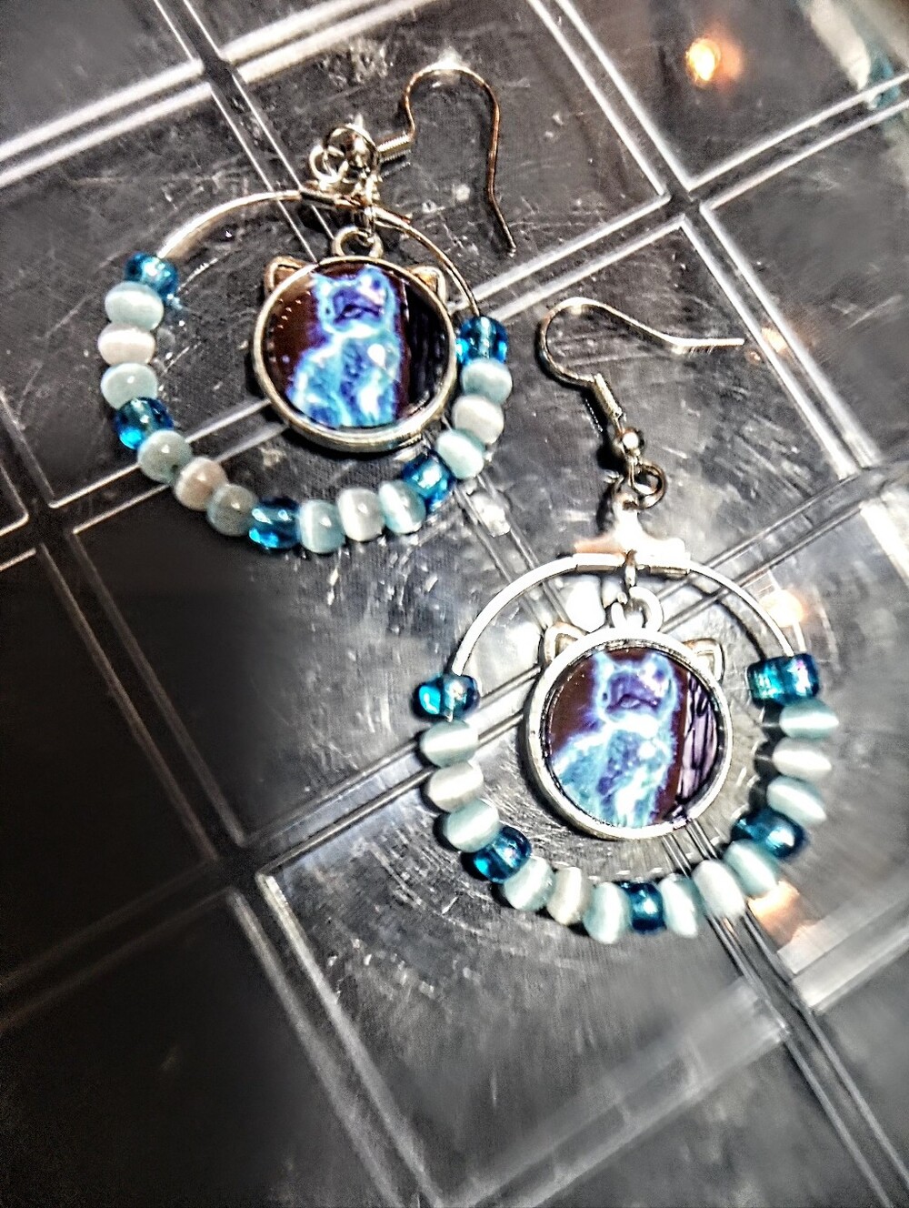 Blue Cat Hoop Earrings with Aqua Beads - Women Jewelry